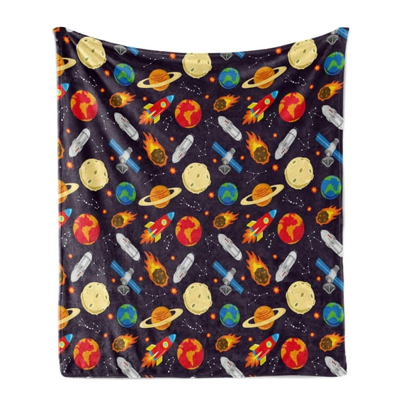 Space Soft Flannel Fleece Throw Blanket, Universe Themed Illustration with Earth Moon Constellations Saturn Rockets Stars, Cozy Plush for Indoor and Outdoor Use, 50" x 60", Multicolor, by Ambesonne
