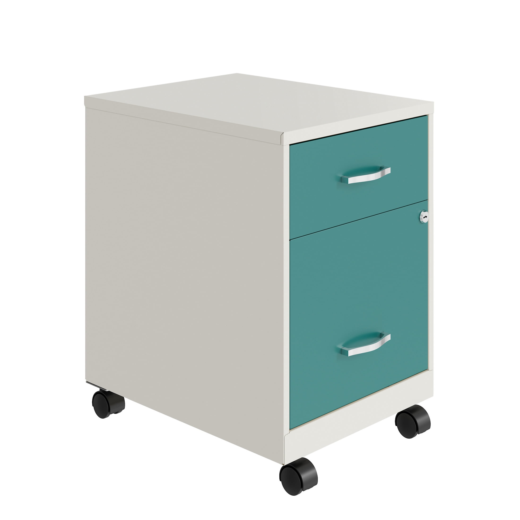 Space Solutions 18" Deep 2 Drawer Letter Width Mobile Vertical File Cabinet with Accessory Drawer, White/Teal