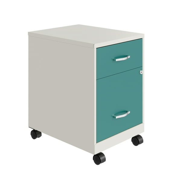 Space Solutions 18" Deep 2 Drawer Letter Width Mobile Vertical File Cabinet with Accessory Drawer, White/Teal