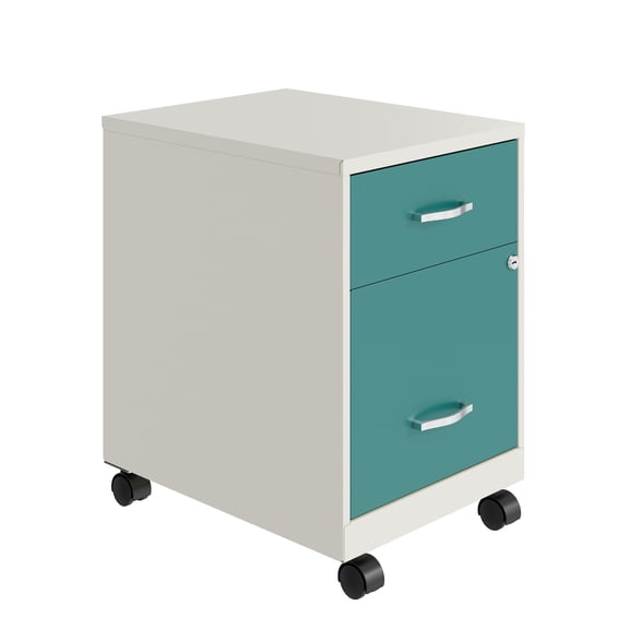 Space Solutions 18" Deep 2 Drawer Letter Width Mobile Vertical File Cabinet with Accessory Drawer, White/Teal