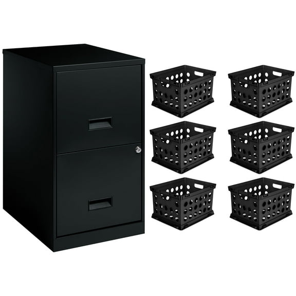 Space Solutions 18" Deep 2 Drawer Letter Width Vertical File Cabinet, Black, with 6 Sterilite Crates