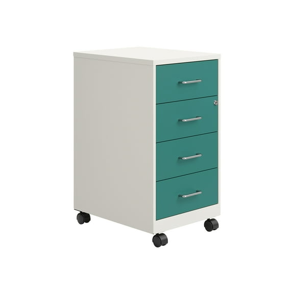 Space Solutions 18" Deep 4 Drawer Metal Mobile Organizer, 4 Box Drawers, Locking, White/Teal