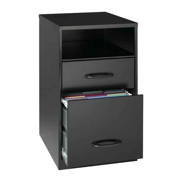 Space Solutions 18" Metal 2 Drawer Filing Cabinet with Shelf Organizer in Black