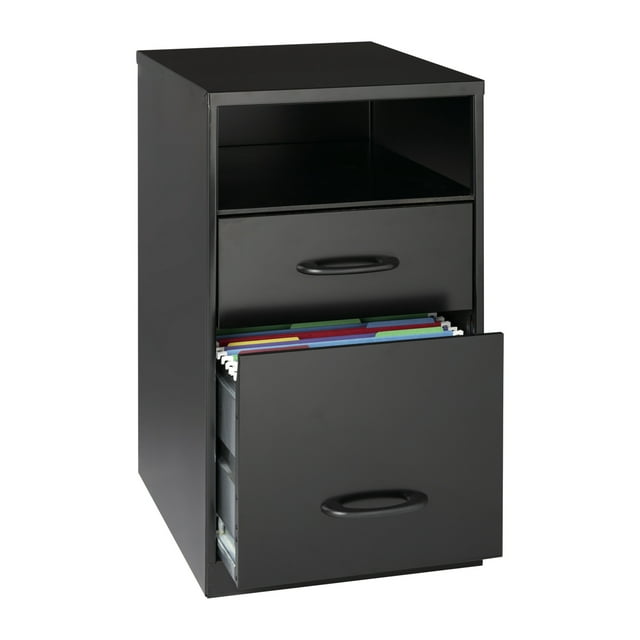 Space Solutions 18" Metal 2 Drawer Filing Cabinet with Shelf Organizer in Black