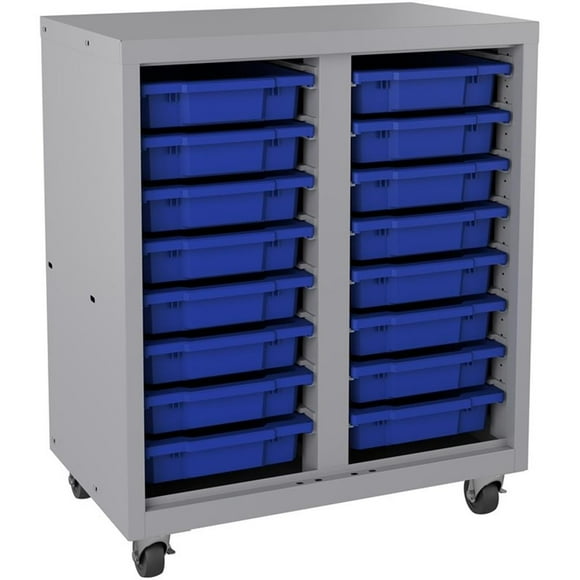 Space Solutions Bin Storage Cabinet with 16 plastic tote bins, Mobile, 36 x 30 x 18, Platinum/Blue Tool Boxes & Organizers