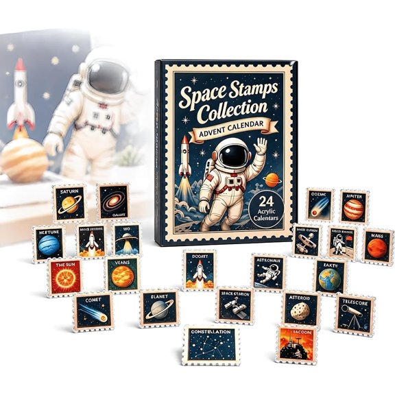 Space Stamps Collection Advent Calendar 2026 24- Day Festive Countdown with 24 Unique Acrylic Charms Vintage Space Stamp Ornaments Planets Rockets & Astronauts for Home Decor