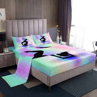 Space Star Glitter Bed Sheets Set Twin Size, Gymnastics Sheets Gymnast Gifts Women, Gymnastics Lover Sheet Set Tie Dye Starry Sky Flat Fitted Sheet Rainbow Room Decor, Purple Teal