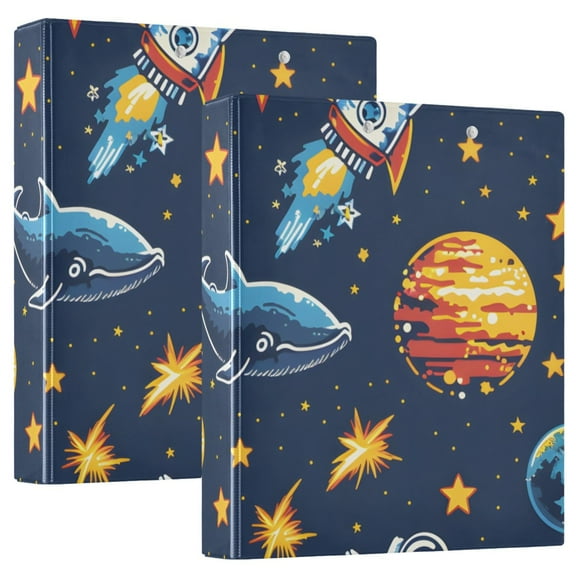 Space Stars Astronauts Fish 3 Ring Binders 1.5 inch Hardcover File Folders with Interior Pockets A4 Size Organizer for School Office Hospital Set of 2