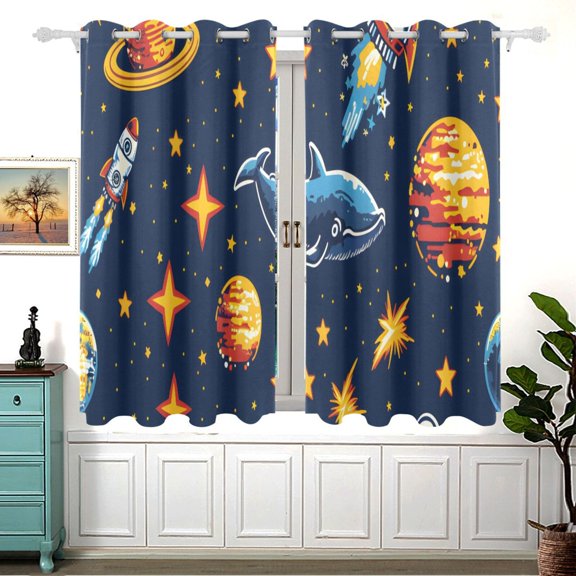 Space Stars Astronauts Fish 5455 Inch Black Out Curtains 2 Packs Aesthetic for Bedroom Living Room Sliding Glass Doors Kitchen Windows