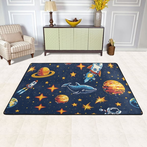 Space Stars Astronauts Fish Area Rug Washable 72 x 48 Floor Carpet Mat Non Slip for Bedroom Living Room Kids Room Home Decor