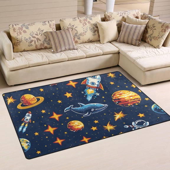 Space Stars Astronauts Fish Area Rug Washable Floor Carpet Mat 60 x 39 inch for Bedroom Living Room Kids Room Home Decor