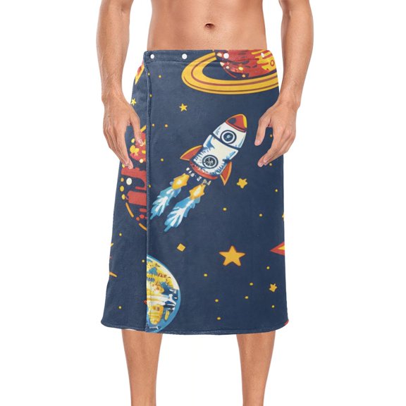 Space Stars Astronauts Fish Bath Towel Wrap for Man Adjustable Shower Wrap Button Closure Body Towel for Sauna Gym