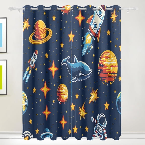 Space Stars Astronauts Fish Black Out Curtains 84 Inch Length Curtains for Sliding Glass Doors Bedroom Living Room 2 Pack