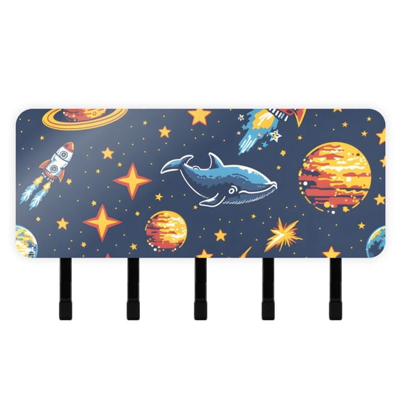 Space Stars Astronauts Fish Mail Holder Organizer Wall Mount with Shelf Key Holder Key Rack with 5 Key Hooks for Wall Decorative