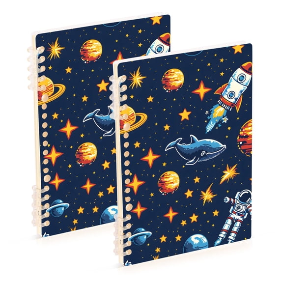 Space Stars Astronauts Fish Ring Binder Notebook Journey Note Diary College Ruled Spiral Notebook Study Loose Leaf Paper A5 60 Pages
