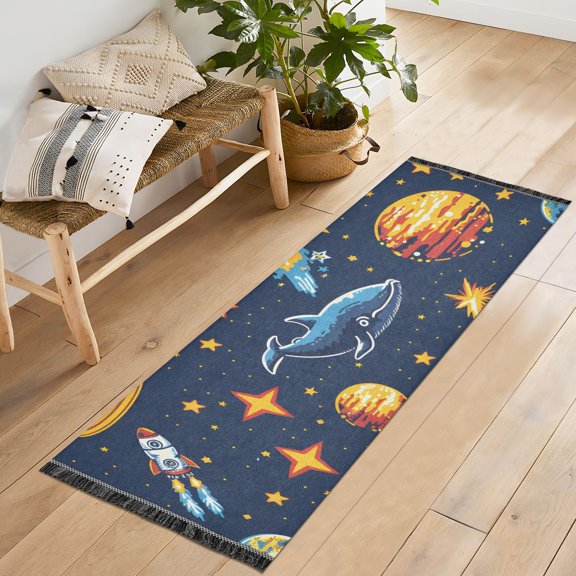 Space Stars Astronauts Fish Runner Rug Machine Washable Area Rugs Carpet Non Slip Entryway Mat for Bedroom Entryway Front Door