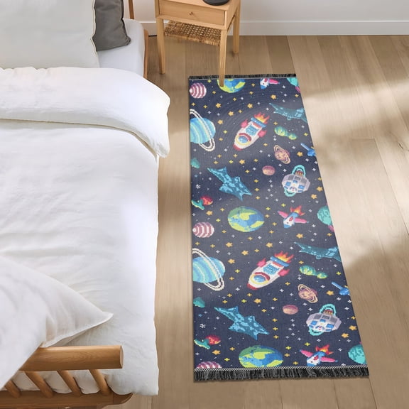Space Stars Planet Rocket Runner Area Rug 2x6 Soft Non-Slip Washable Bedside Carpet for Hallway Bedroom Living Room Home Decor