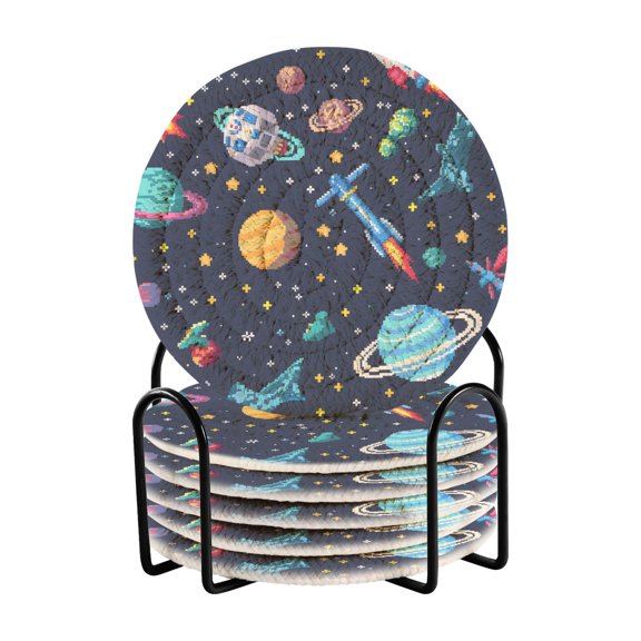 Space Stars Rocket 6 Pcs Drink Coasters with Holder Absorbent Coasters Woven Coasters for Drinks Table Desk Protection Home Decor