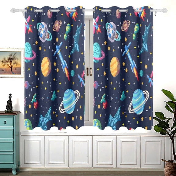 Space Stars Rocket Black Out Curtains Aesthetic for Bedroom Living Room Sliding Glass Doors Kitchen Windows 2 panels set