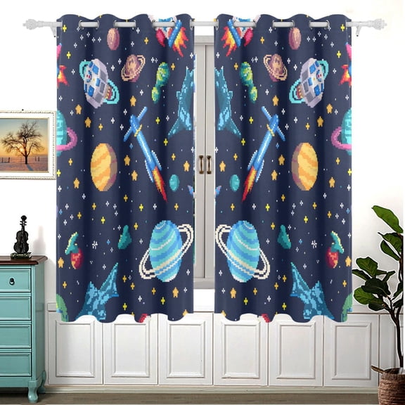 Space Stars Rocket Curtains Black Out Curtains for Sliding Glass Doors Bedroom Living Room Bathroom 2 Panels Set