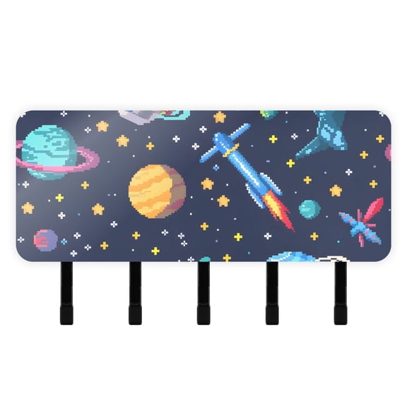 Space Stars Rocket Mail Holder Organizer Wall Mount with Shelf Key Holder Key Rack with 5 Key Hooks for Wall Decorative