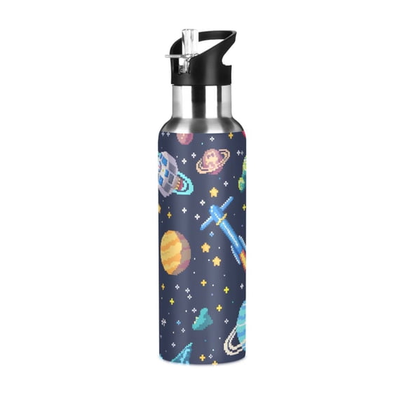 Space Stars Rocket Sports Water Bottle with Straw Lid Insulated Stainless Steel Leak Proof BPA Free Thermal Mug with Handle for Gym Yoga Cycling Camping