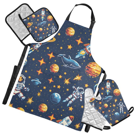 Space Stars Rocket Whale 5 Pcs Kitchen Set Heat Resistant Oven Mitts and Non-Slip Pot Holders with Adjustable Cooking Apron