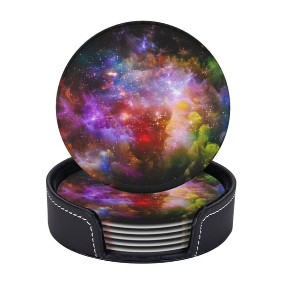 Space Stars The Universe Background Astral Leather Coasters With Leather Holder Set Of 6 Round Coasters for Home and Kitchen Decor