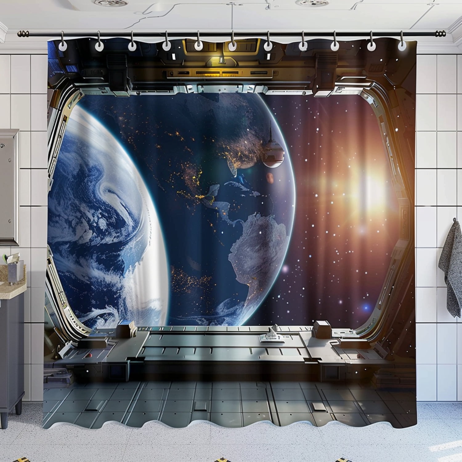 Space Station View Shower Curtain Earth and Moon Orbit Design Sci-Fi ...