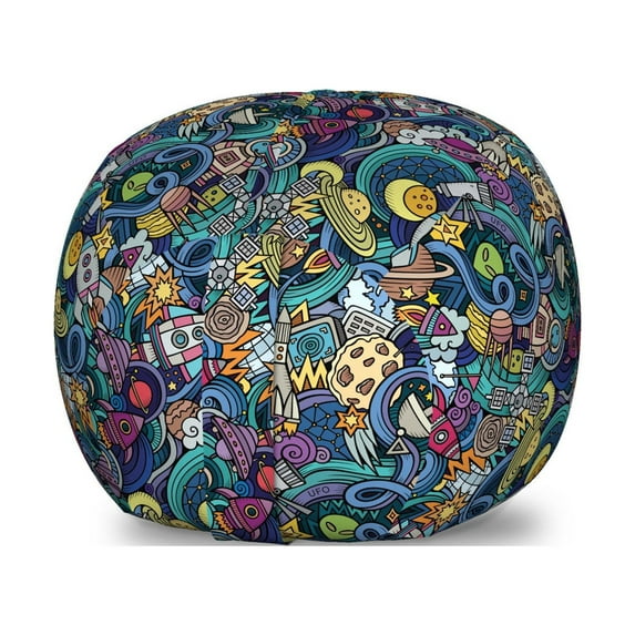 Space Storage Toy Bag Chair, Abstract Cartoon Science Fiction Themed Image with Swirl Waves Asteroids Telescope, Stuffed Animal Organizer Washable Bag, Small Size, Multicolor, by Ambesonne