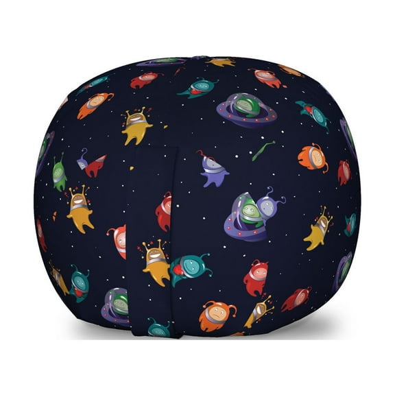 Space Storage Toy Bag Chair, Aliens with Various Expressions Happy Sad in Love in Spacecraft Dotted Background, Stuffed Animal Organizer Washable Bag, Small Size, Multicolor, by Ambesonne