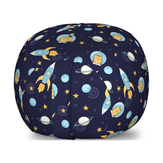 Space Storage Toy Bag Chair, Cosmonaut Cat Flying to Outer Space Rockets Science Fiction Kitty Stars, Stuffed Animal Organizer Washable Bag, Large Size, Pale Blue Mustard Indigo, by Ambesonne