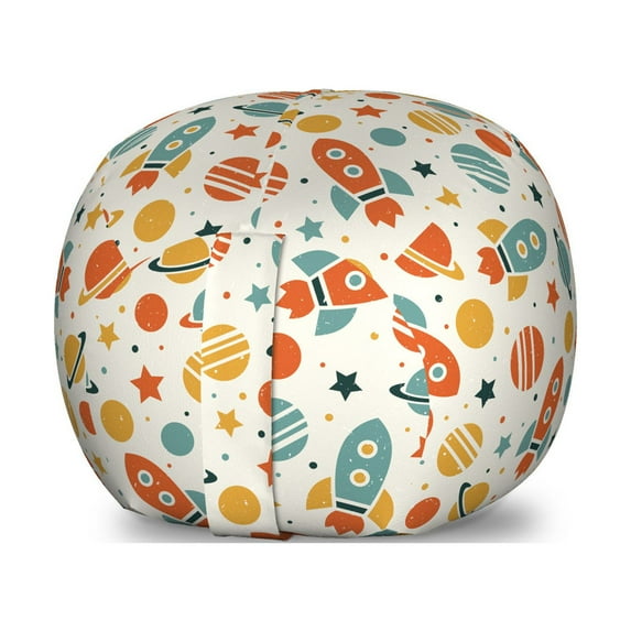 Space Storage Toy Bag Chair, Doodle Colorful Universe Design with Planets Stars and Rockets with Grunge Effect, Stuffed Animal Organizer Washable Bag, Large Size, Multicolor, by Ambesonne