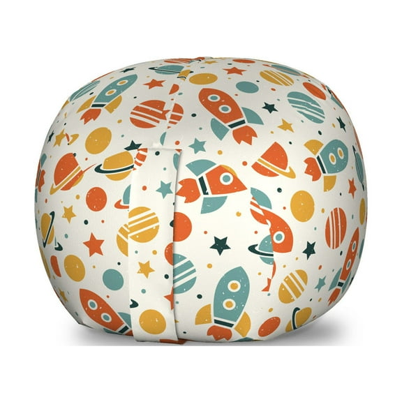 Space Storage Toy Bag Chair, Doodle Colorful Universe Design with Planets Stars and Rockets with Grunge Effect, Stuffed Animal Organizer Washable Bag, Small Size, Multicolor, by Ambesonne
