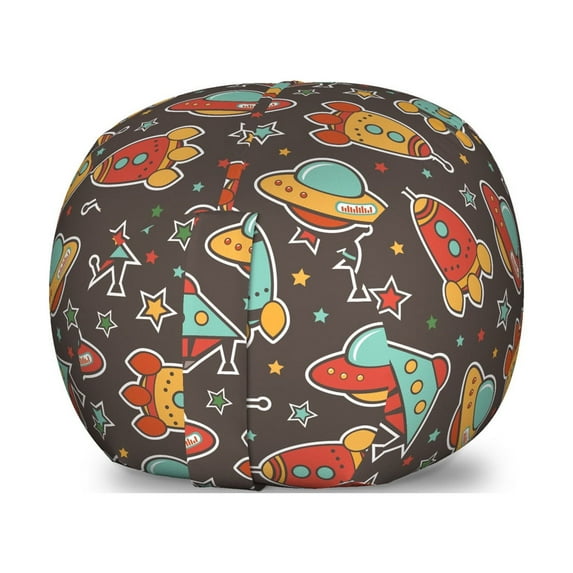 Space Storage Toy Bag Chair, Outer Space Elements Rockets UFO and Crafts Stars Heavenly Bodies Funny Alien Cartoon, Stuffed Animal Organizer Washable Bag, Large Size, Multicolor, by Ambesonne