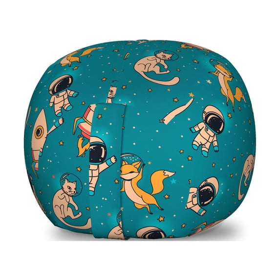 Space Storage Toy Bag Chair, Surreal Universe with Foxes Cats Astronauts Rockets Floating Milky Way, Stuffed Animal Organizer Washable Bag, Large Size, Turquoise Beige Marigold, by Ambesonne