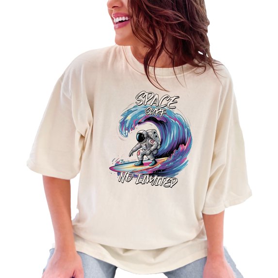 Space Surf No Limits T-Shirt, Astronaut on Surfboard Graphic Tee, Cosmic Surfing Shirt, Galaxy Ocean Wave Print Top, Funny Space Tee, Ivory Comfort Colors T-Shirt, XL