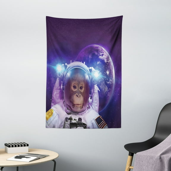 Space Tapestry, Astronaut Monkey on Outer Space with Planet Earth Background Humor Image Print, Wall Hanging for Bedroom Living Room Dorm Decor, 40W X 60L Inches, Violet White, by Ambesonne
