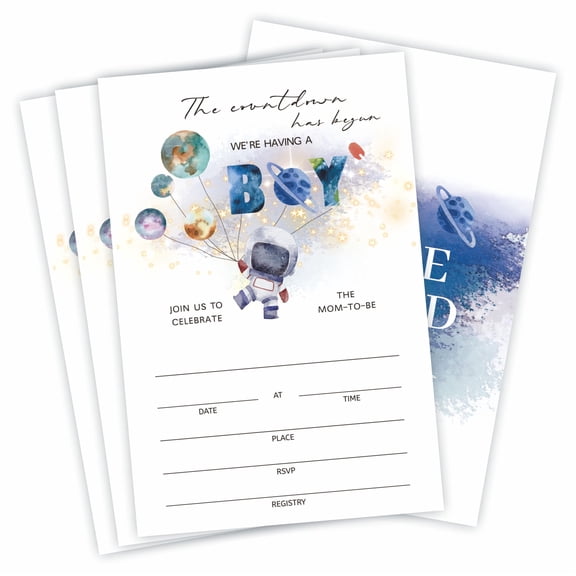 Space Theme Baby Shower Invitations 25 Pack With Envelopes Fill-In Cards For Boy Gender Reveal Party Decor