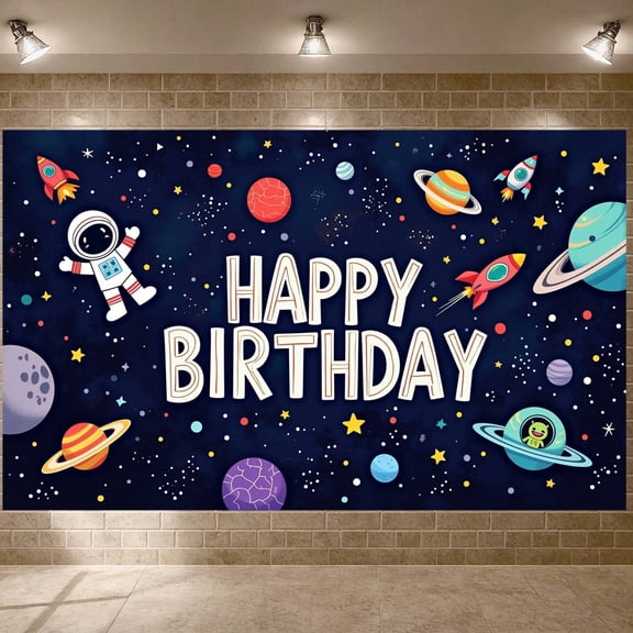Space Theme Banner Astronaut Design Rocket Birthday Background Planets Pattern Starry Sky Cosmic Celebration Banner for Birthday Party Kids Celebration Space Theme Party