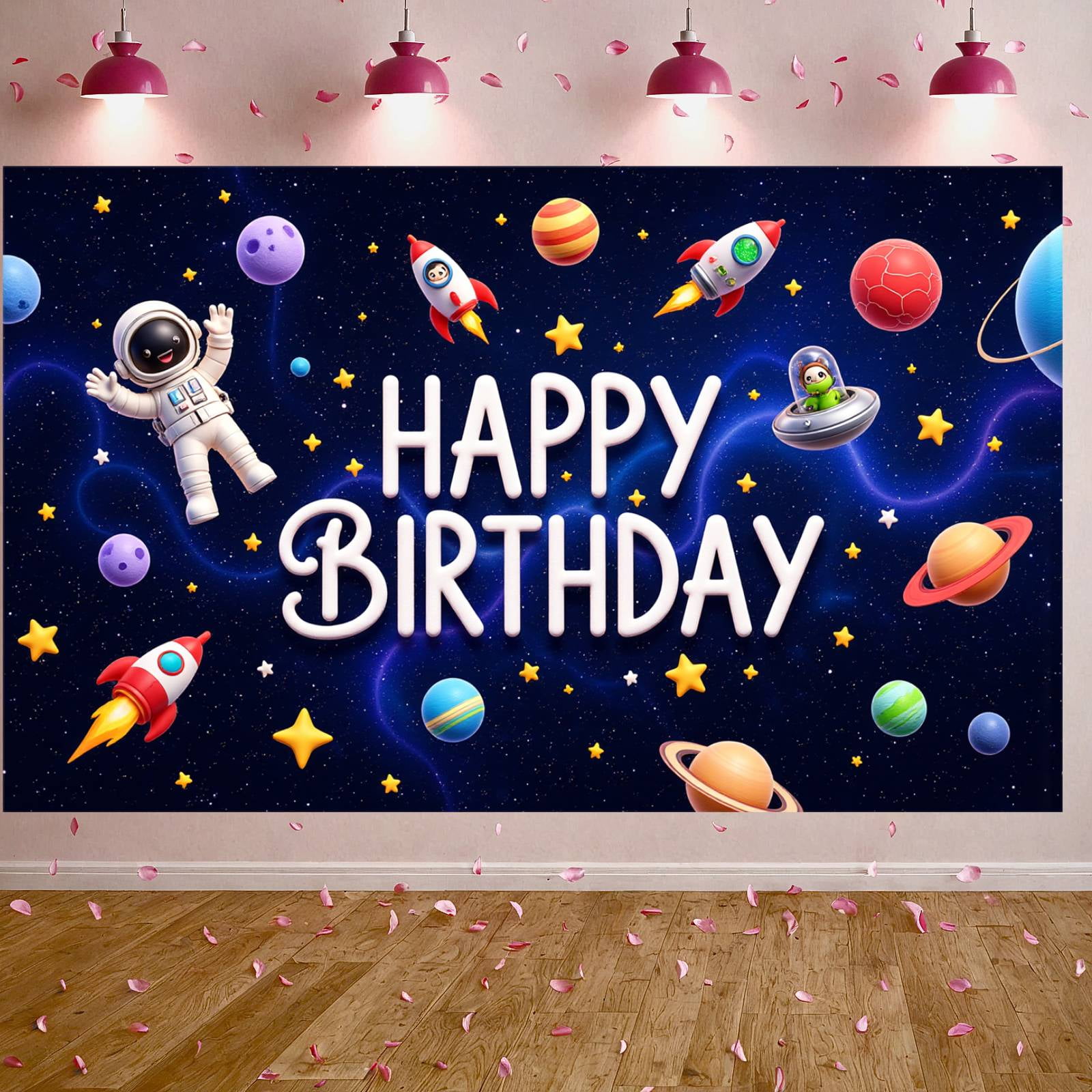Space Theme Banner Astronaut Design Rocket Birthday Background Planets 