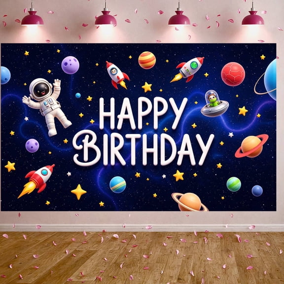 Space Theme Banner Astronaut Design Rocket Birthday Background Planets Pattern Starry Sky Cosmic Celebration Banner for Birthday Party Kids Celebration Space Theme Party