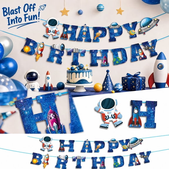 Space Theme Birthday Banner, Astronaut Party Decorations Happy Birthday Bunting, Blue Rocket Planet Garland for Kids Boys Girls 1st Birthday Room Classroom Decor