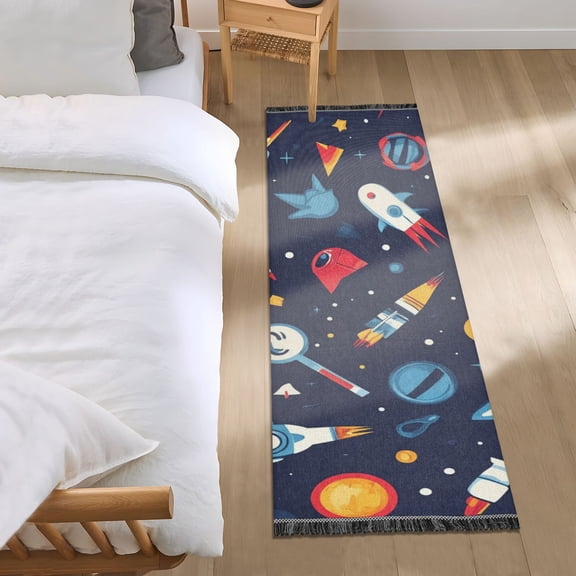 Space Theme Cartoon Planet Rocket Bedroom Runner Rug 2'x 6' Non Slip Carpet Indoor Home Area Rug Living Room
