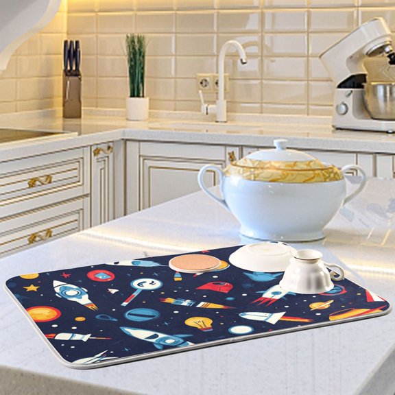 Space Theme Cartoon Planet Rocket Dish Drying Mats for Kitchen Counter Absorbent Microfiber Coffee Pad