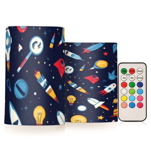 Space Theme Cartoon Planet Rocket Flickering Flameless Candles Battery Operated with Remote Timer LED Pillar Candles Set of 2