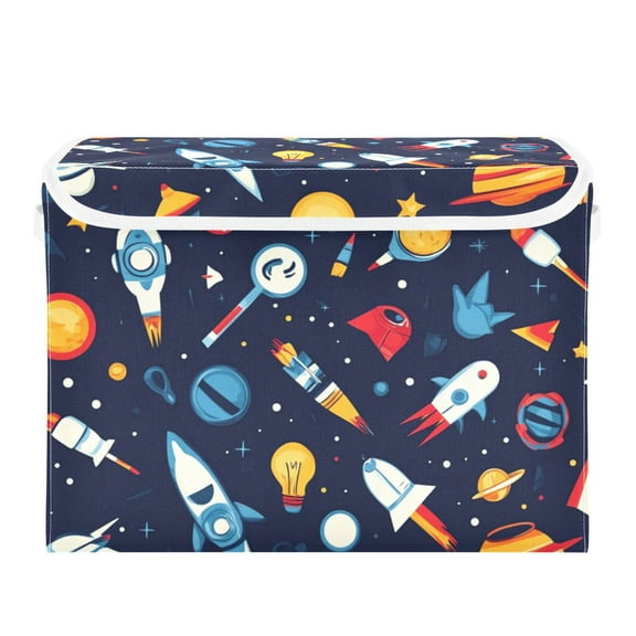 Space Theme Cartoon Planet Rocket Large Storage Bins with Linen Collapsible Lid Storage Box 16.7 x 12.6 x 11.8in