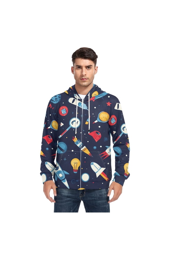 Space Theme Cartoon Planet Rocket Men’s Hoodies Sweatshirt with Full Zip Pockets Fleece Jackets