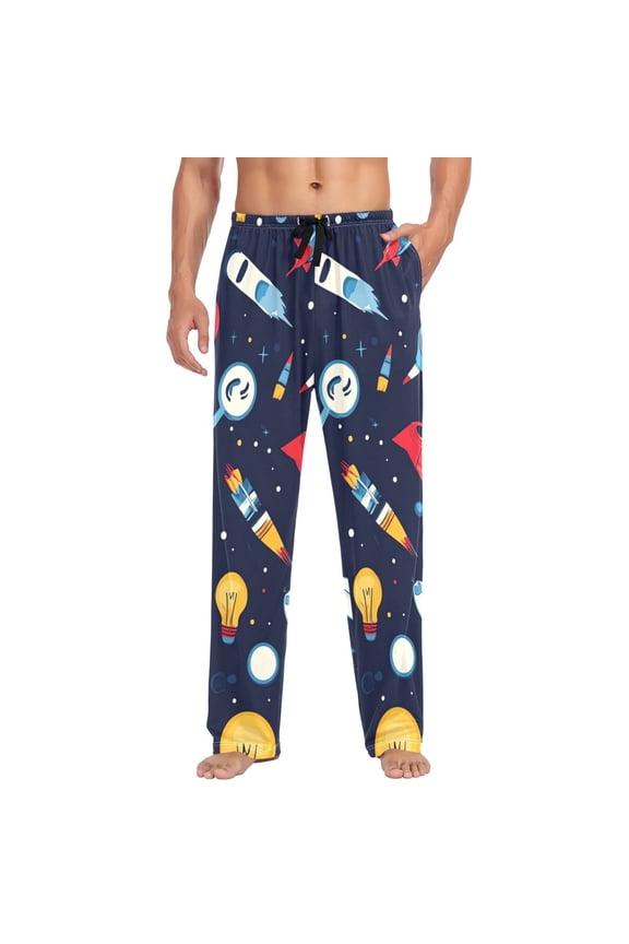 Space Theme Cartoon Planet Rocket Mens Cotton Pajama Pant Sleep and Lounge Bottons with Pockets