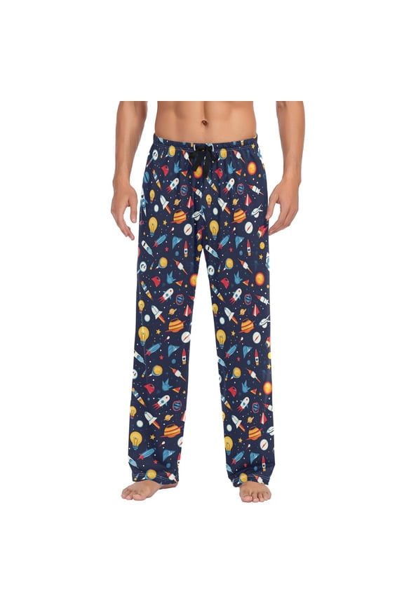 Space Theme Cartoon Planet Rocket Mens Pajama Pant Sleep and Lounge Bottons with Pockets